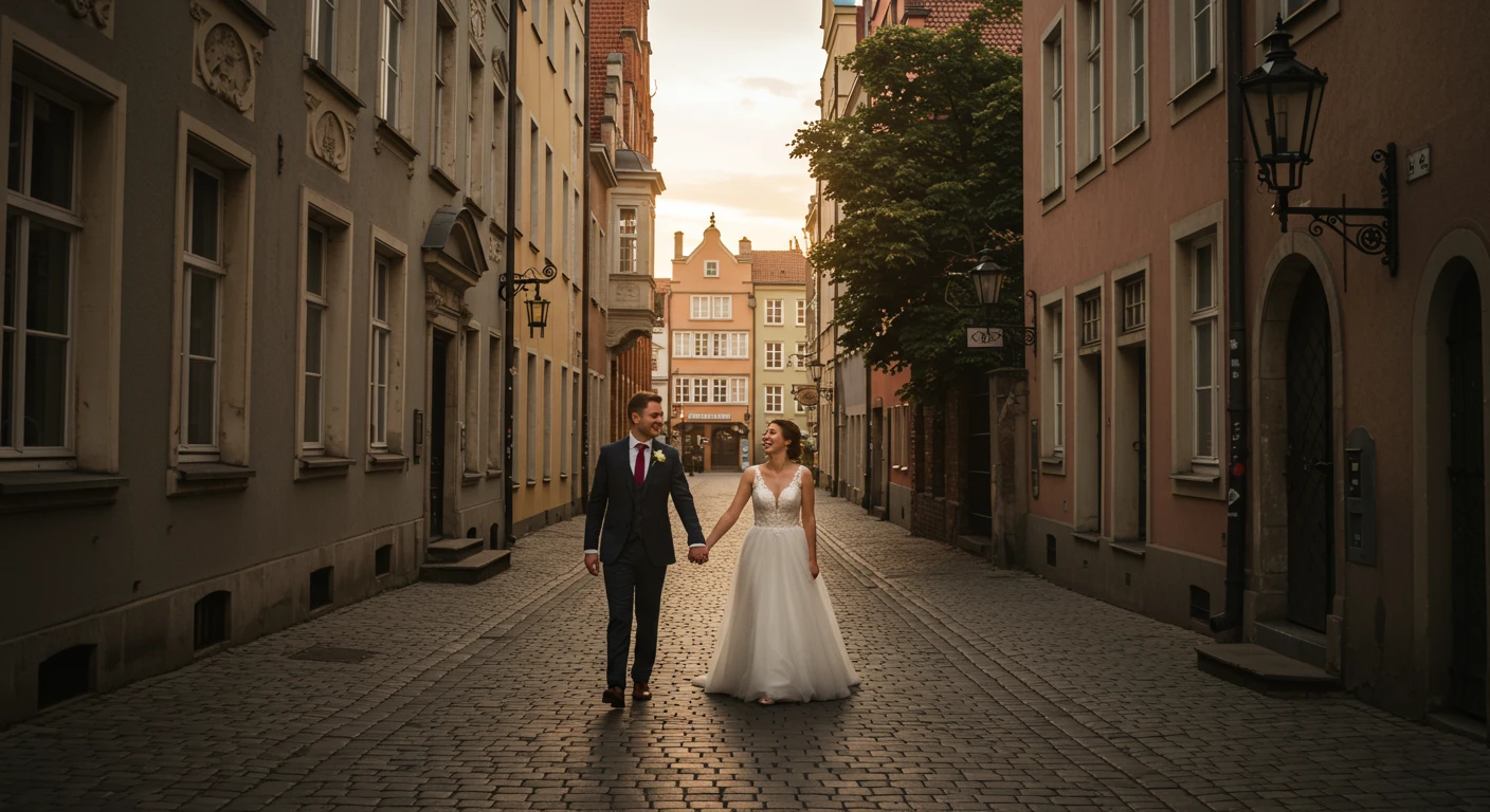 Para młoda pozująca na tle Starego Miasta w Gdańsku, ujęcie ze ślubu