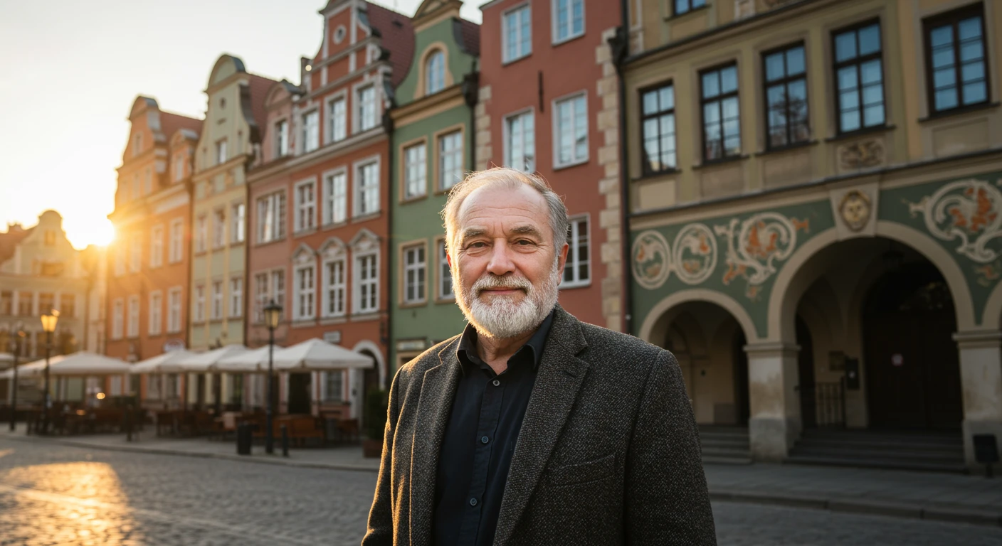 Portret mężczyzny w plenerze, w tle zabytkowe kamienice Gdańska