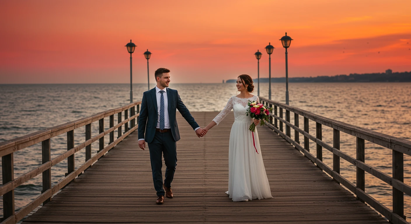 Para na molo w Sopocie o zachodzie słońca podczas sesji narzeczeńskiej