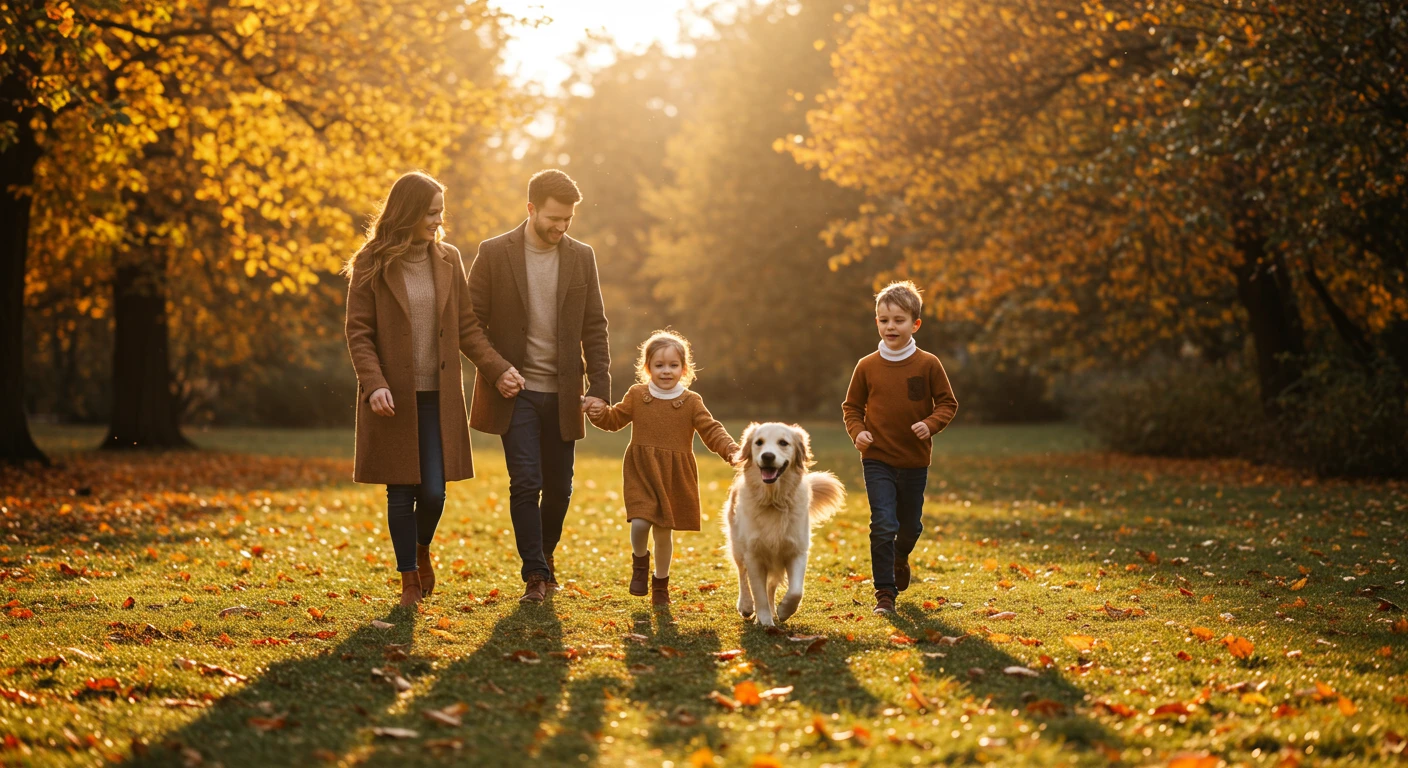 Sesja rodzinna w Parku Oliwskim w Gdańsku, ujęcie w jesiennych liściach