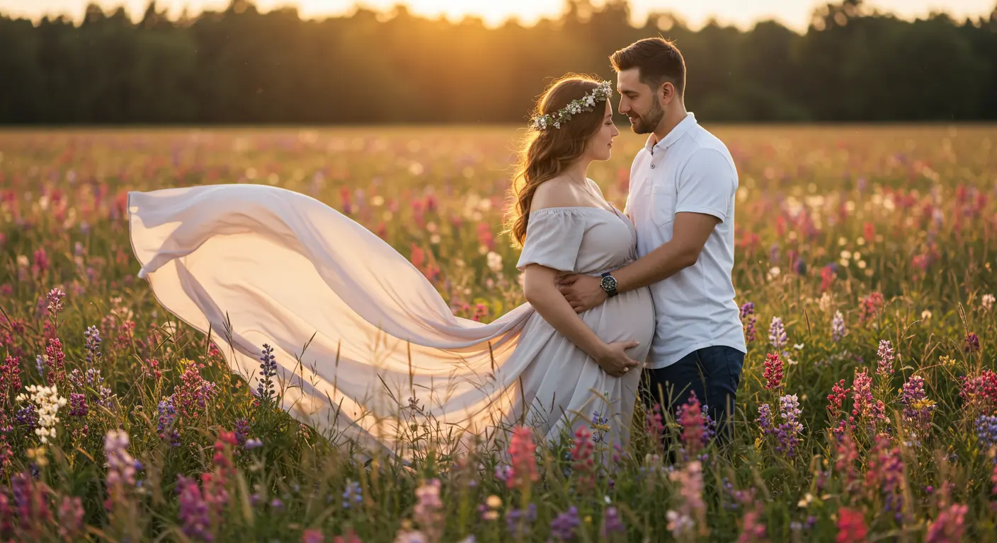 Kobieta w ciąży pozująca w plenerze o zachodzie słońca