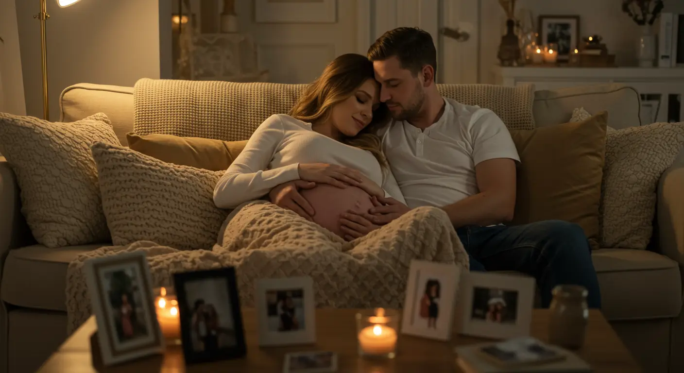 Sesja ciążowa w domu, para trzymająca się za ręce